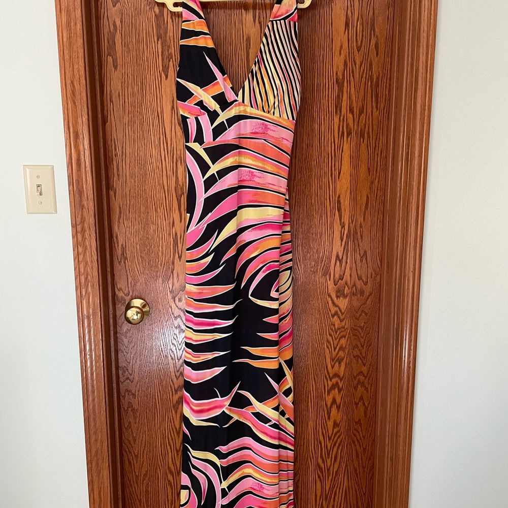 Ninety Black Pink Orange yellow Swirl V-Neck Maxi Dress